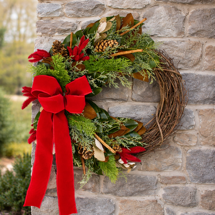 Vine great with fresh greens and big red bow