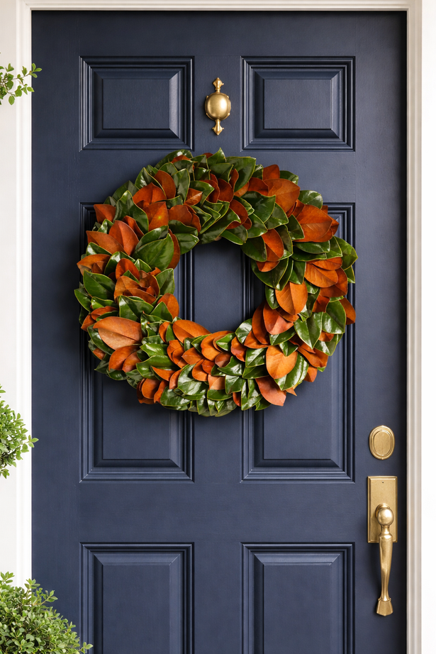 Magnolia Wreath hanging on a navy door.
