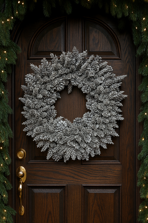 White pinecone wreath hanging on a wood door