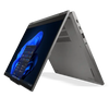 A Lenovo L13 Yoga Gen 6 grey, fully folded down to 180° to accentuate the hinge actuation range.