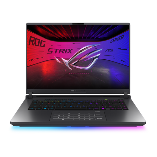 Shot of the Strix G16 with the with the lid open, with the ROG Fearless Eye logo on screen
