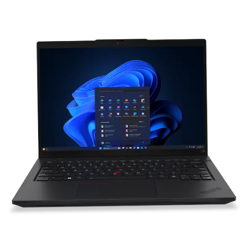 Front view of the Lenovo L14 Gen 6 Notebook and the keyboard visible