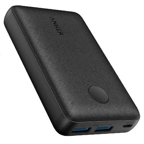 Black rectangular power bank lying flat with visible USB-A and USB-C ports on one end Black rectangular power bank lying flat with visible USB-A and USB-C ports on one end