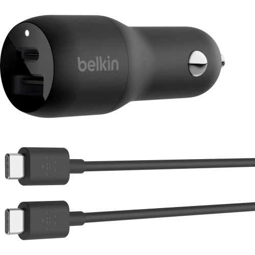 BELKIN 2 PORT CAR CHARGER, 25W USB-C (1) PD, 12W USB-A (1), BLACK, - CCB004BTBK