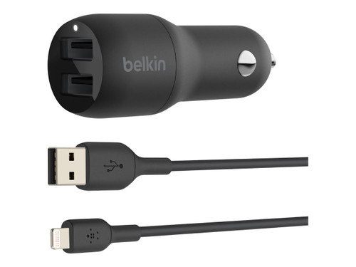 BELKIN 2 PORT CAR CHARGER, 12W/2.4A USB-A (2), 1x 1.2M USB-A TO LIGHTNING CABLE, 2YR WTY - CCD001BT1MBK