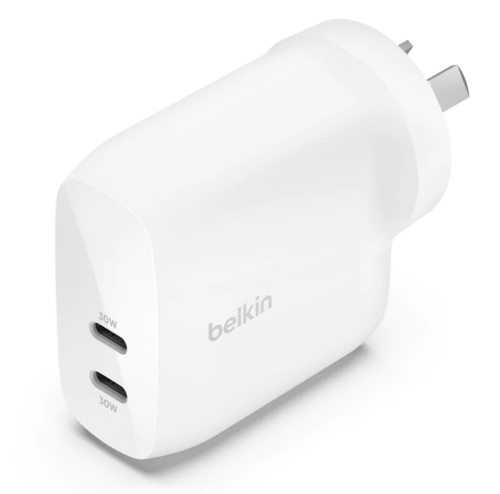 BELKIN DUAL 30W USB-C WALL CHARGER, PD 60W, WHITE - WCB010AUWH