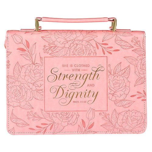 Strength and Dignity Rose Pink Faux Leather Bible Cover - Proverbs 31:25 (MEDIUM)