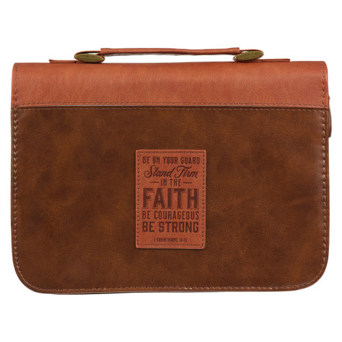 Stand Firm Two-tone Brown Faux Leather Classic Bible Cover MEDIUM- 1 Corinthians 16:13-