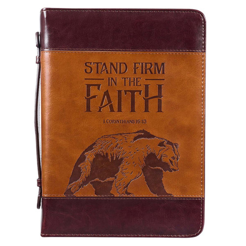 Stand Firm Two-tone Brown Faux Leather Classic Bible Cover MEDIUM- 1 Corinthians 16:13