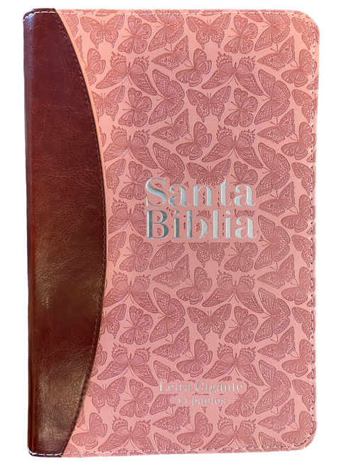 Biblia Letra Gigante Tamano Manual 14 Pts, Cierre e Indice  | Imitacion Piel Marron-Rosa Mariposas