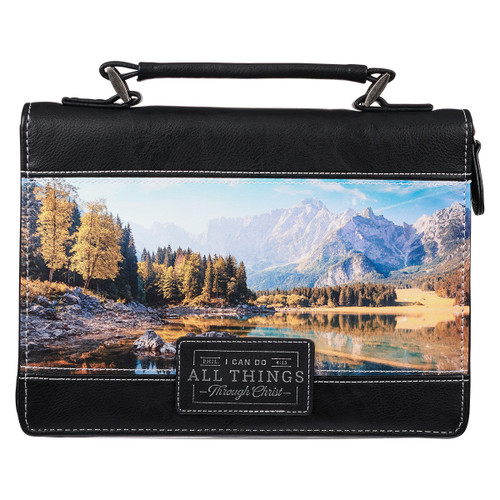 Through Christ Scenic Mountain Black Faux Leather Classic Bible Cover MEDIUM- Philippians 4:13
