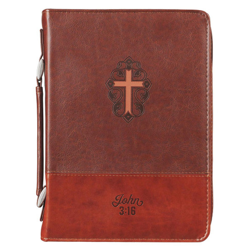 John 3:16 Two-Tone Brown Faux Leather Bible Cover LARGE With Cross
