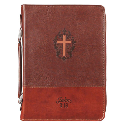 John 3:16 Two-Tone Brown Faux Leather Bible Cover LARGE With Cross