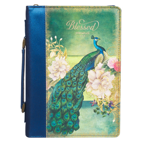 Blessed Peacock Blue Faux Leather Fashion Bible Cover - Jeremiah 17:7 (Medium)