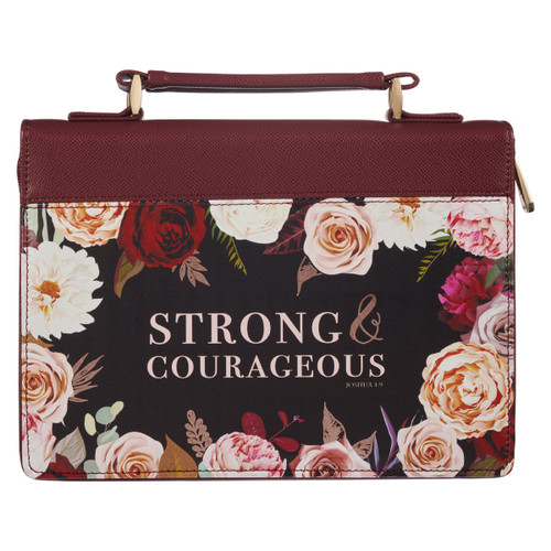 Strong and Courageous Merlot Bouquet Faux Leather Fashion Bible Cover – Joshua 1:9 (Medium)