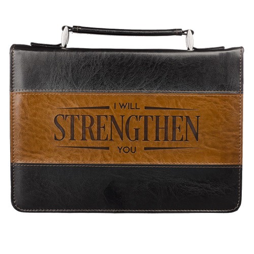 I Will Strengthen You Black and Brown Faux Leather Classic Bible Cover Large - Isaiah 41:10