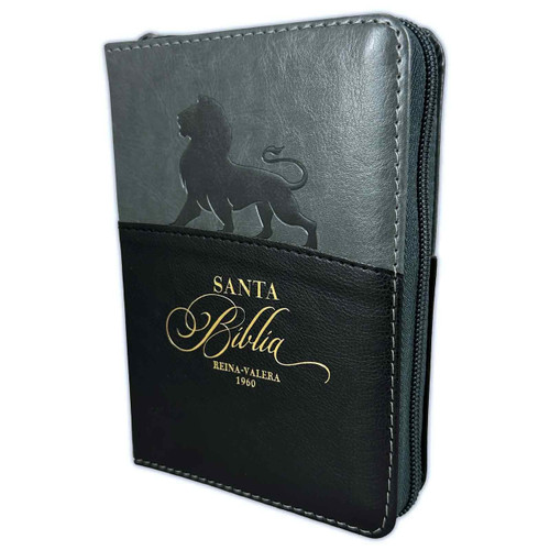 Biblia Leon de Bolsillo con Cierre 8 Puntos RV1960, Imitacion Gris-Negro con Indice