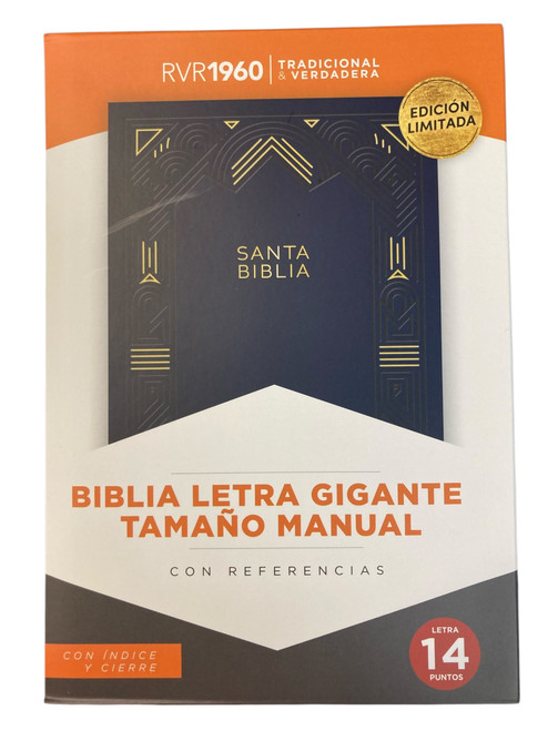 Biblia letra gigante tamano manual 14 Puntos, Simil Piel Azul Marino con indice y cierre