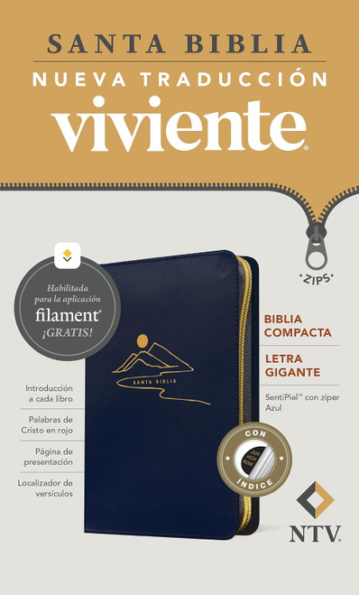 Biblia compacta NTV, letra gigante de zíper con Filament ,SentiPiel, Azul, Índice, Letra Roja