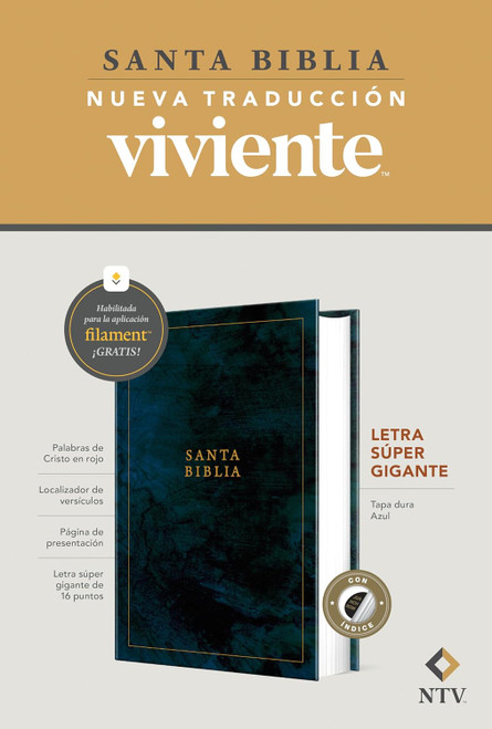 Biblia letra super gigante NTV, con Filament ,Tapa Dura, Azul, Índice, Letra Roja