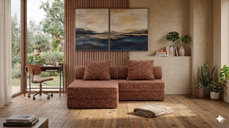 Sofá modular con puf convertible  de tweed
