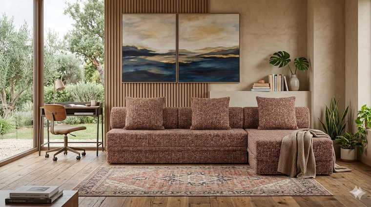 Sofá modular de 1 plaza + puf convertible  de tweed