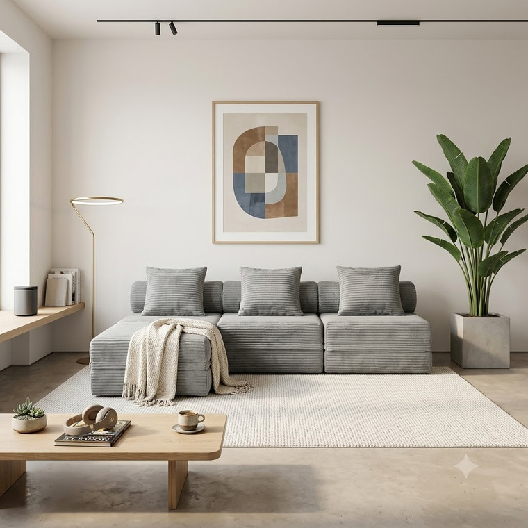 Sofá Modular 1 Lugar + Puff  Convertível Veludo Listado