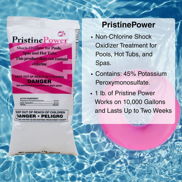 pristine power 1 lb. non-chlorine pool, spa, and hot tub shock product features.