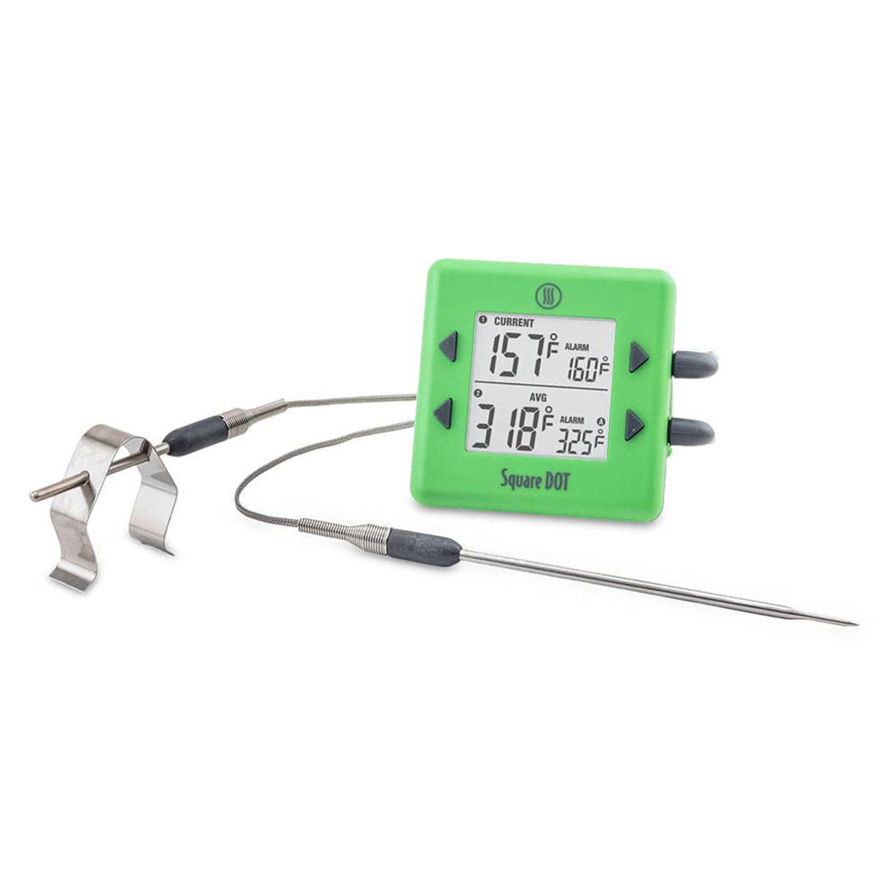 Square Dot Simple Alarm Thermometer | Green | Includes Pro-Series High Temp Straight Penetration Probe | ThermoWorks