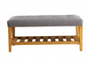 Rectangular Gray Padded Becnh with Oak Finish Legs and Shelf