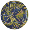 8' Ink Blue Hand Hooked UV Treated Oversized Tropical Leaves Round Indoor Outdoor Area Rug