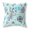 26" White Blue Peacock Indoor Outdoor Zip Throw Pillow