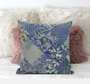 16" Blue Gray Floral Zippered Suede Throw Pillow