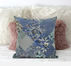 20" Blue Gray Floral Zippered Suede Throw Pillow