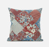 16" Aqua Red Floral Zippered Suede Throw Pillow