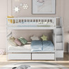 White Full Over Full Farmhouse Style Bunk Bed with Storage Staircase