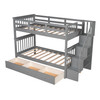 Gray Twin Over Twin Bunk Bed with Stairway and Drawers