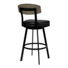 30" Black Faux Leather Black Metal and Gray Walnut Open Back Swivel Bar Stool