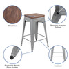 Cierra 24" High Metal Counter-Height, Indoor Bar Stool with Wood Seat in Silver - Stackable Set of 4