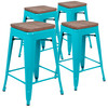 Cierra 24" High Metal Counter-Height, Indoor Bar Stool with Wood Seat in Teal - Stackable Set of 4