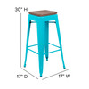 Cierra 30" High Metal Indoor Bar Stool with Wood Seat in Teal - Stackable Set of 4