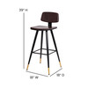 Kora Commercial Grade Low Back Barstools-Brown LeatherSoft Upholstery-Black Iron Frame-Integrated Footrest-Gold Tipped Legs-Set of 2