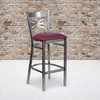 HERCULES Series Clear Coated ''X'' Back Metal Restaurant Barstool - Burgundy Vinyl Seat