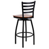 HERCULES Series Black Ladder Back Swivel Metal Barstool - Cherry Wood Seat