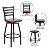 HERCULES Series Black Ladder Back Swivel Metal Barstool - Cherry Wood Seat