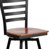 HERCULES Series Black Ladder Back Swivel Metal Barstool - Cherry Wood Seat