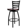 HERCULES Series Black Ladder Back Swivel Metal Barstool - Mahogany Wood Seat