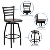 HERCULES Series Black Ladder Back Swivel Metal Barstool - Walnut Wood Seat