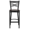 HERCULES Series Black ''X'' Back Metal Restaurant Barstool - Walnut Wood Seat