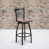 HERCULES Series Black ''X'' Back Swivel Metal Barstool - Cherry Wood Seat